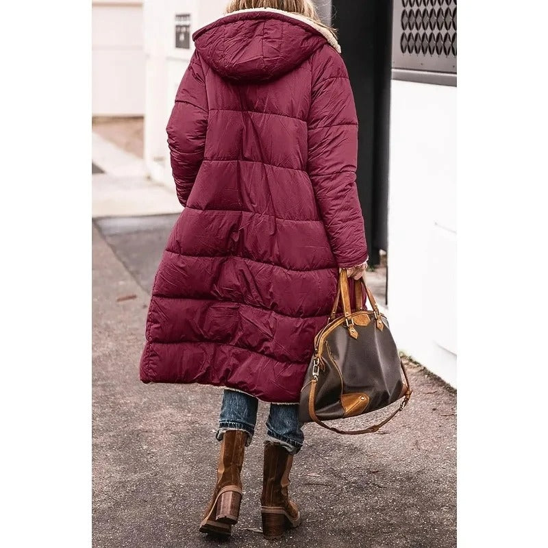 Women's Long Puffer Coat with Hood and Sherpa Lining