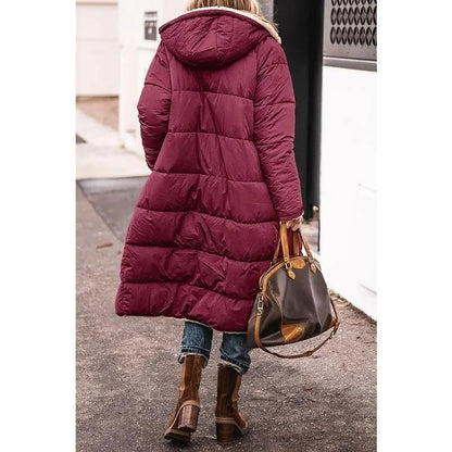Women's Long Puffer Coat with Hood and Sherpa Lining