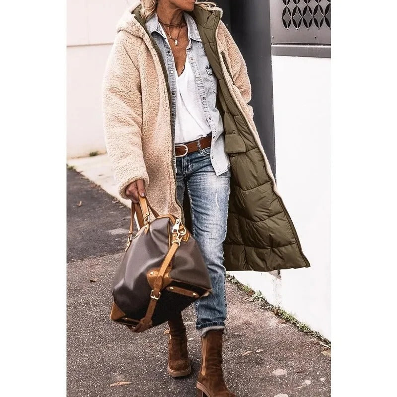 Women's Long Puffer Coat with Hood and Sherpa Lining
