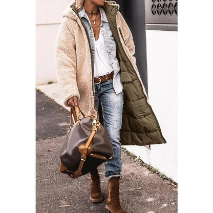 Women's Long Puffer Coat with Hood and Sherpa Lining