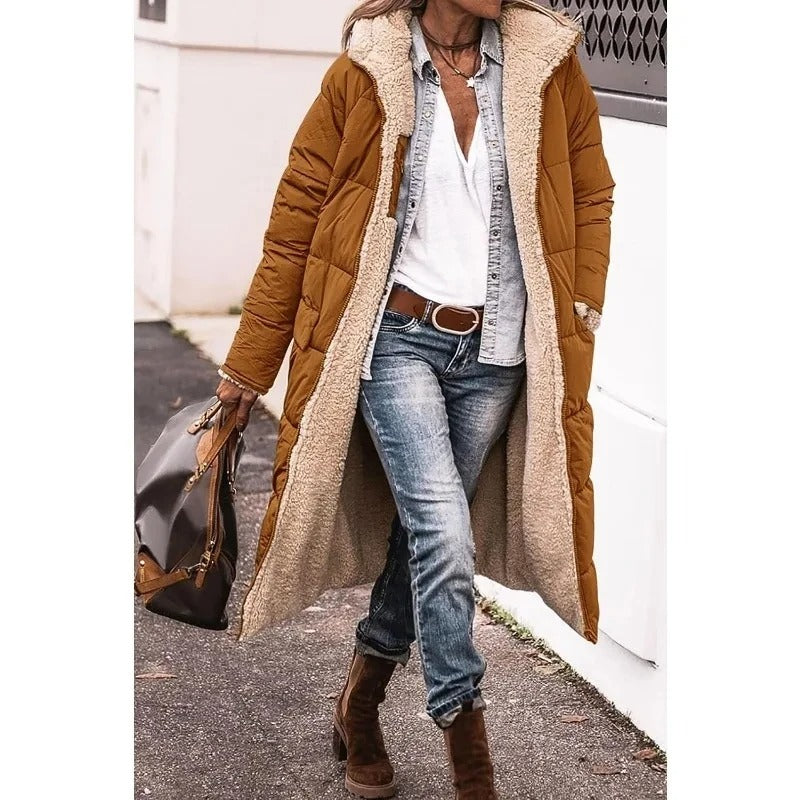 Women's Long Puffer Coat with Hood and Sherpa Lining