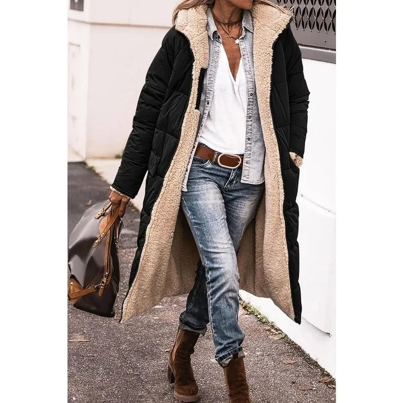 Women's Long Puffer Coat with Hood and Sherpa Lining
