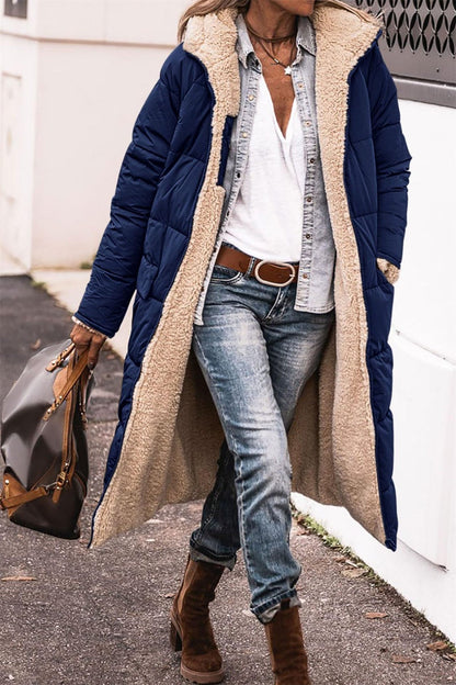 Women's Long Puffer Coat with Hood and Sherpa Lining