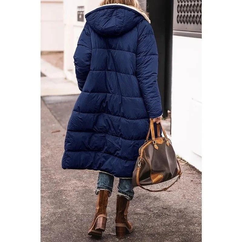 Women's Long Puffer Coat with Hood and Sherpa Lining