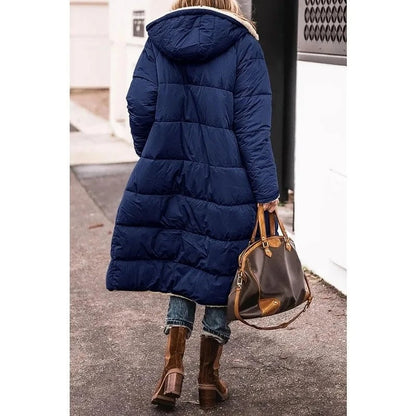 Women's Long Puffer Coat with Hood and Sherpa Lining