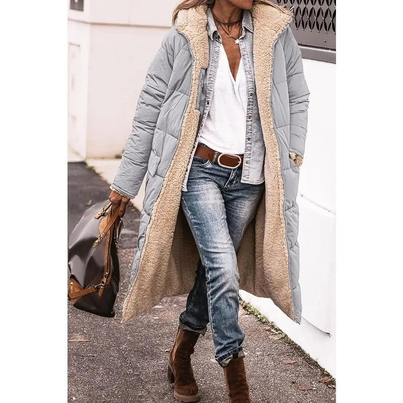 Women's Long Puffer Coat with Hood and Sherpa Lining