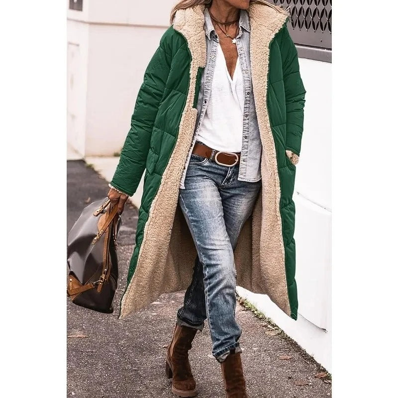Women's Long Puffer Coat with Hood and Sherpa Lining