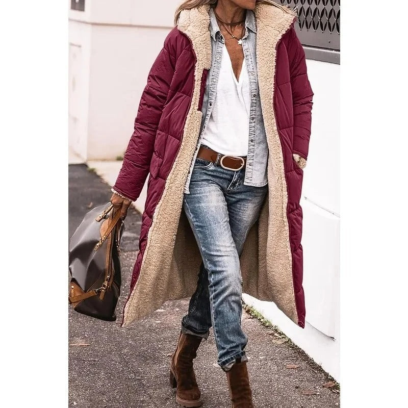 Women's Long Puffer Coat with Hood and Sherpa Lining