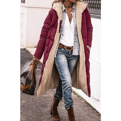 Women's Long Puffer Coat with Hood and Sherpa Lining