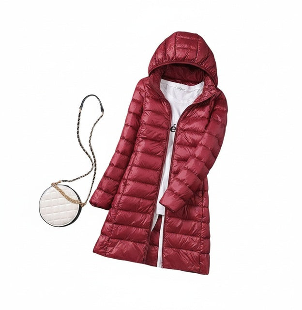 Women's Long Puffer Jacket with Detachable Hood and Zip Closure