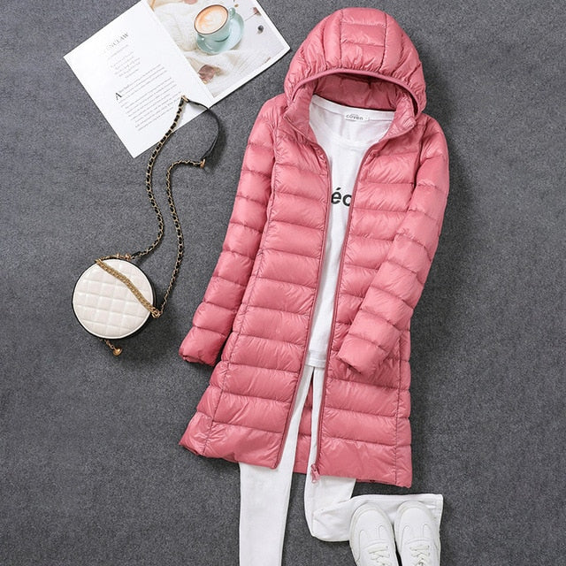 Women's Long Puffer Jacket with Detachable Hood and Zip Closure