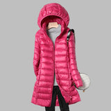 Women's Long Puffer Jacket with Detachable Hood and Zip Closure