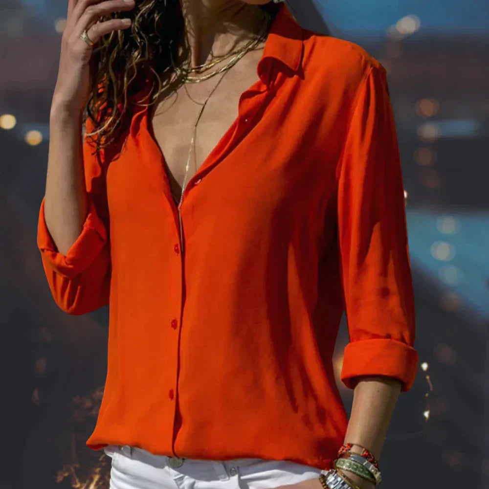 Women's Long Sleeve Blouse with Collar and Button Closure