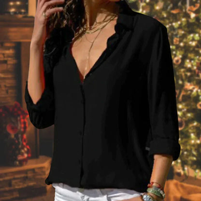 Women's Long Sleeve Blouse with Collar and Button Closure