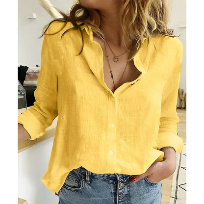 Women's Long Sleeve Blouse with V-Neck and Button Closure