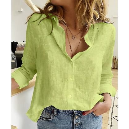 Women's Long Sleeve Blouse with V-Neck and Button Closure