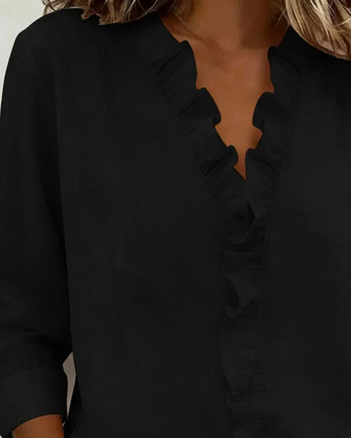 Women's Long Sleeve Blouse with V-Neck and Ruffle Detail