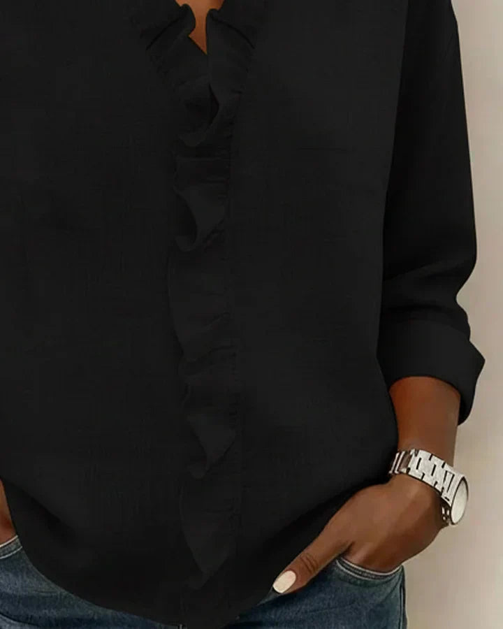 Women's Long Sleeve Blouse with V-Neck and Ruffle Detail
