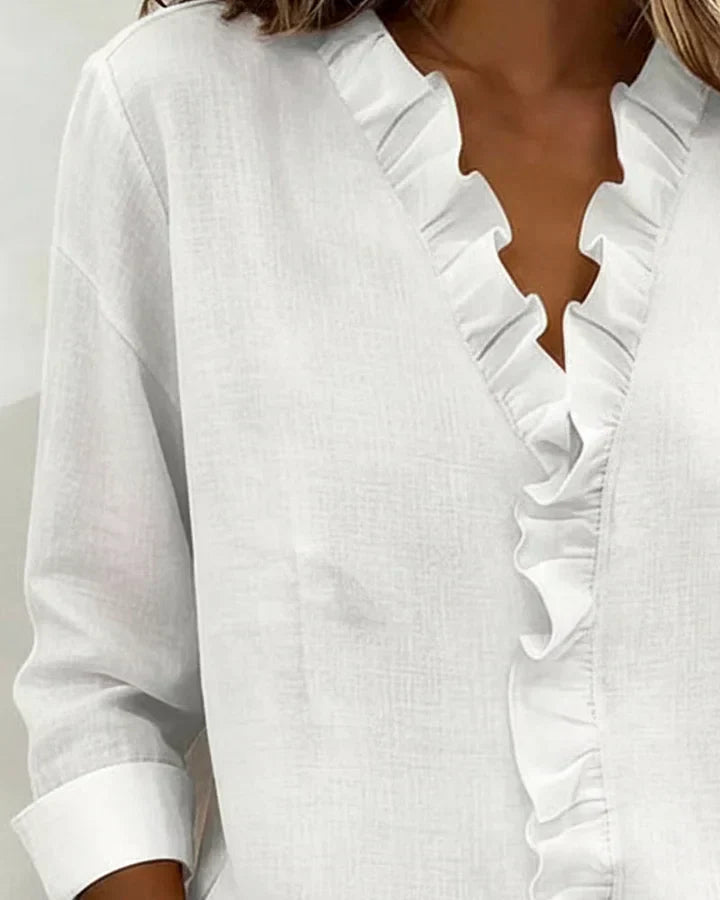 Women's Long Sleeve Blouse with V-Neck and Ruffle Detail