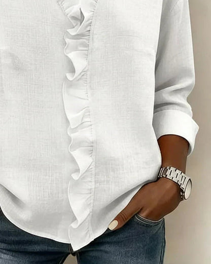 Women's Long Sleeve Blouse with V-Neck and Ruffle Detail