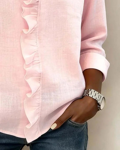 Women's Long Sleeve Blouse with V-Neck and Ruffle Detail