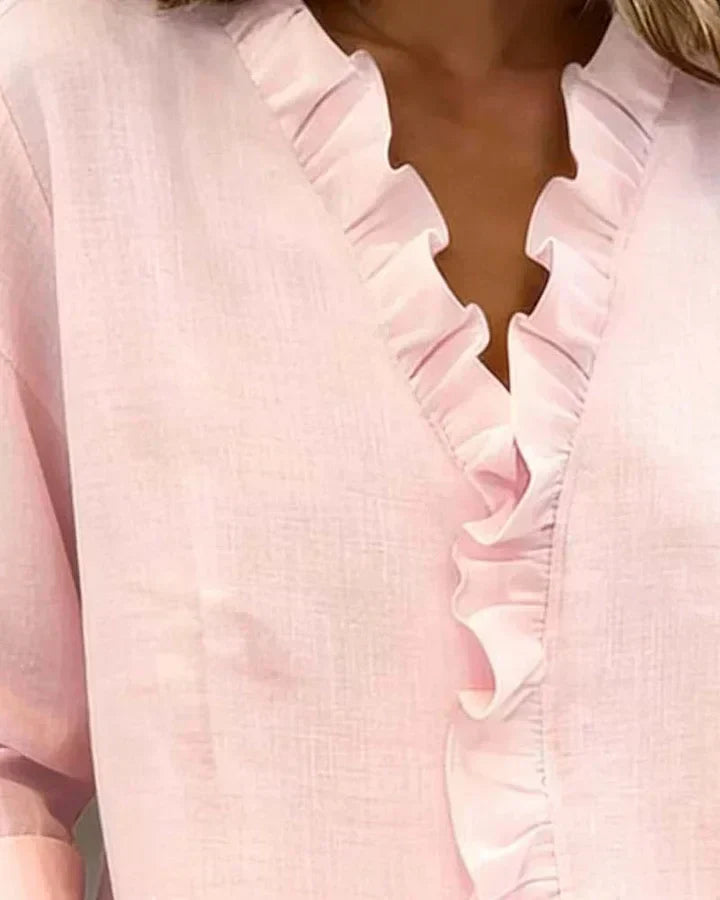 Women's Long Sleeve Blouse with V-Neck and Ruffle Detail