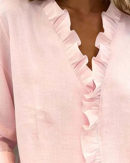 Women's Long Sleeve Blouse with V-Neck and Ruffle Detail