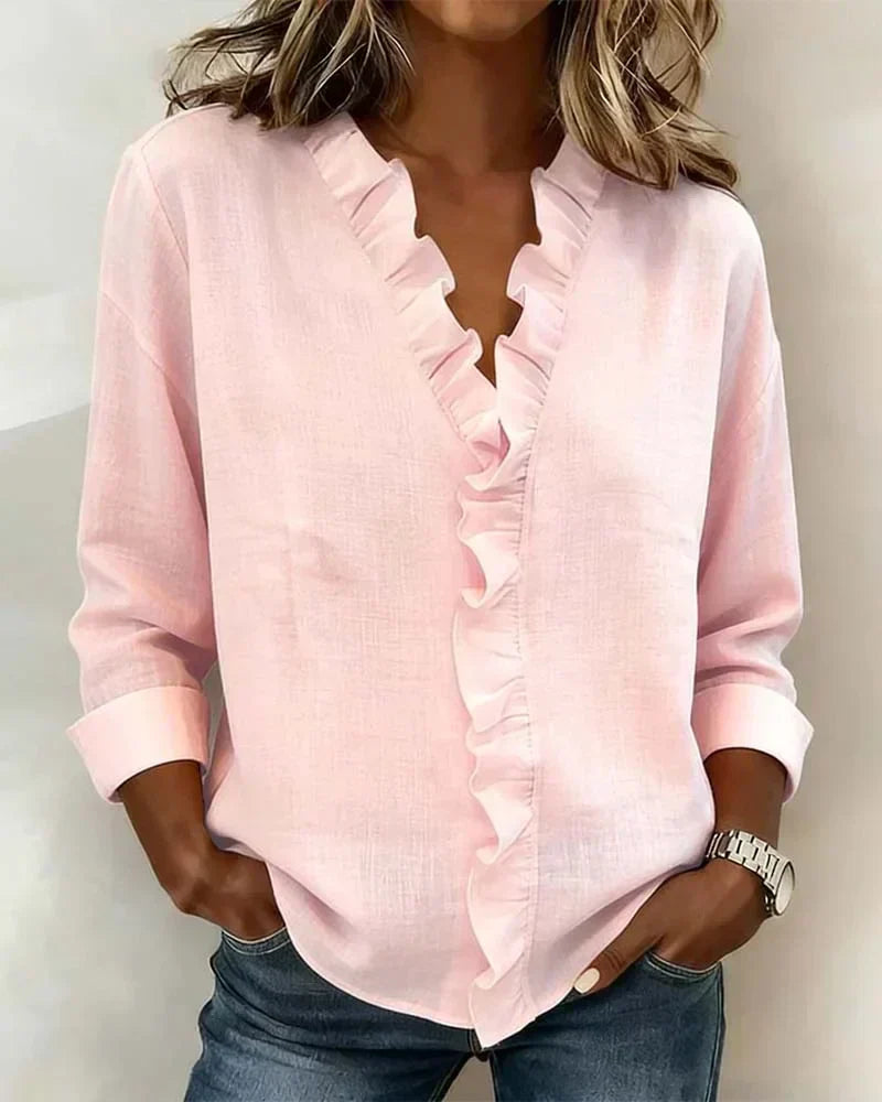 Women's Long Sleeve Blouse with V-Neck and Ruffle Detail