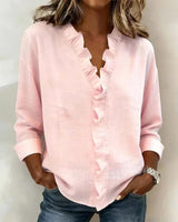 Women's Long Sleeve Blouse with V-Neck and Ruffle Detail