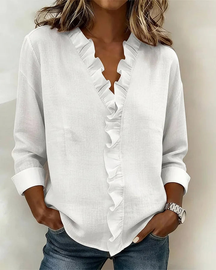 Women's Long Sleeve Blouse with V-Neck and Ruffle Detail
