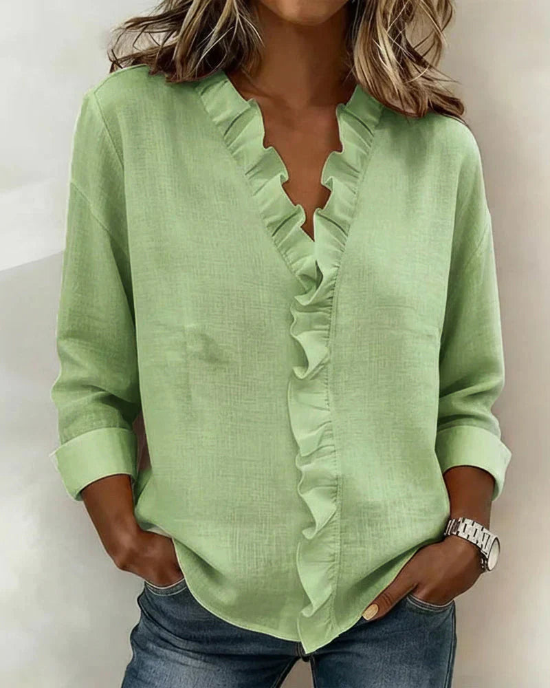 Women's Long Sleeve Blouse with V-Neck and Ruffle Detail