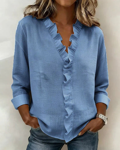 Women's Long Sleeve Blouse with V-Neck and Ruffle Detail