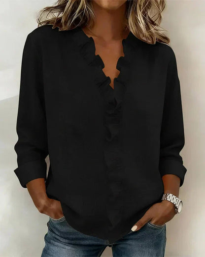 Women's Long Sleeve Blouse with V-Neck and Ruffle Detail