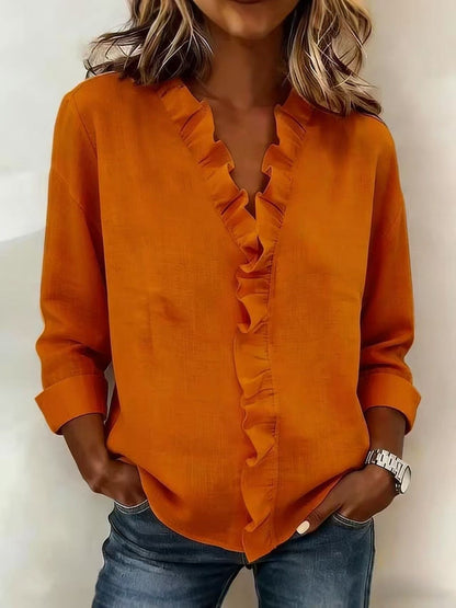 Women's Long Sleeve Blouse with V-Neck and Ruffle Detail