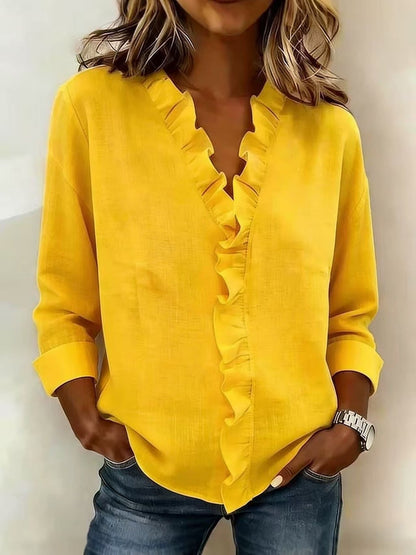 Women's Long Sleeve Blouse with V-Neck and Ruffle Detail