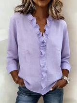 Women's Long Sleeve Blouse with V-Neck and Ruffle Detail