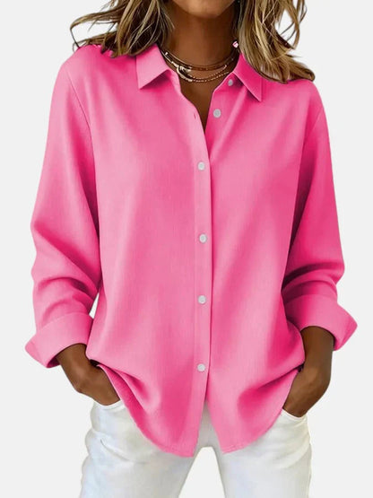 Women's Long Sleeve Button-Down Blouse with Spread Collar and Relaxed Fit