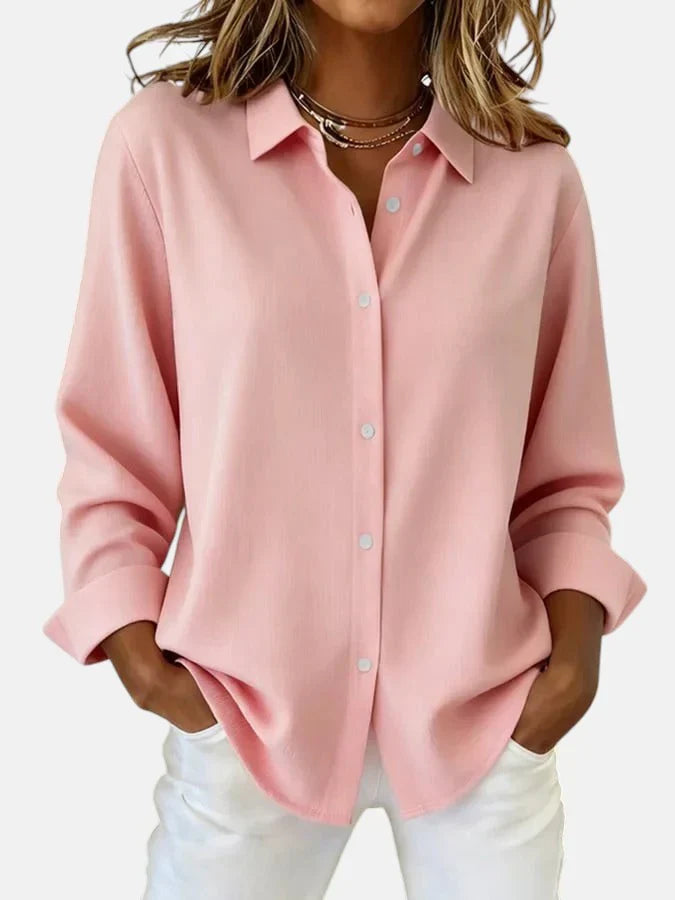 Women's Long Sleeve Button-Down Blouse with Spread Collar and Relaxed Fit