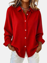 Women's Long Sleeve Button-Down Blouse with Spread Collar and Relaxed Fit