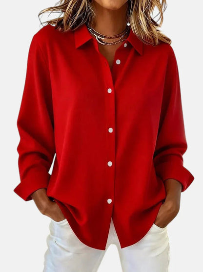 Women's Long Sleeve Button-Down Blouse with Spread Collar and Relaxed Fit