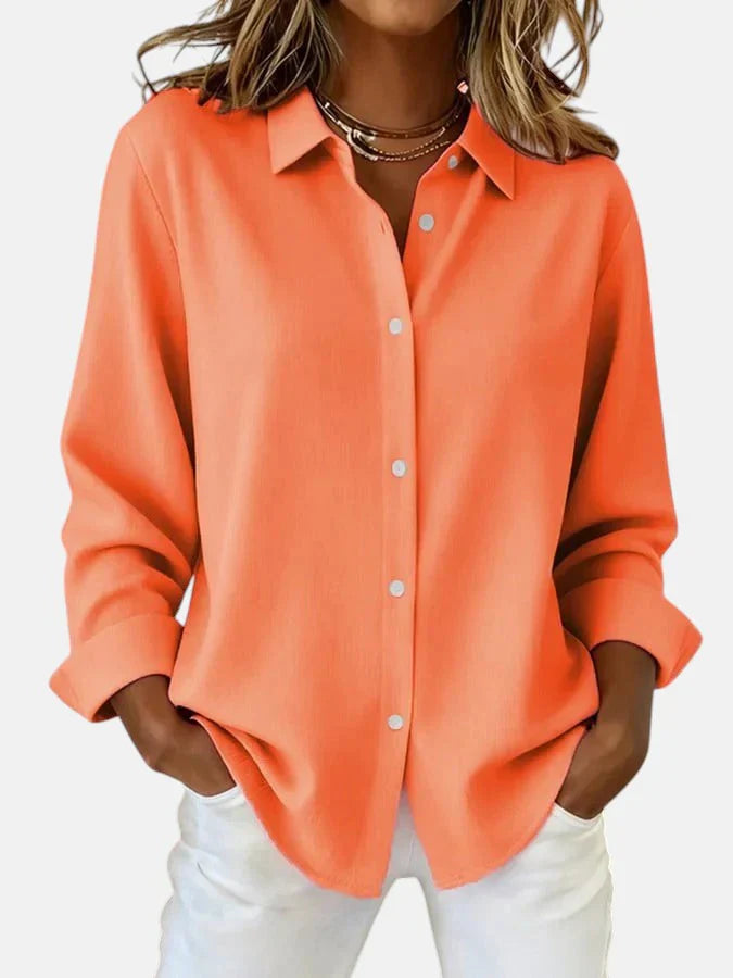 Women's Long Sleeve Button-Down Blouse with Spread Collar and Relaxed Fit