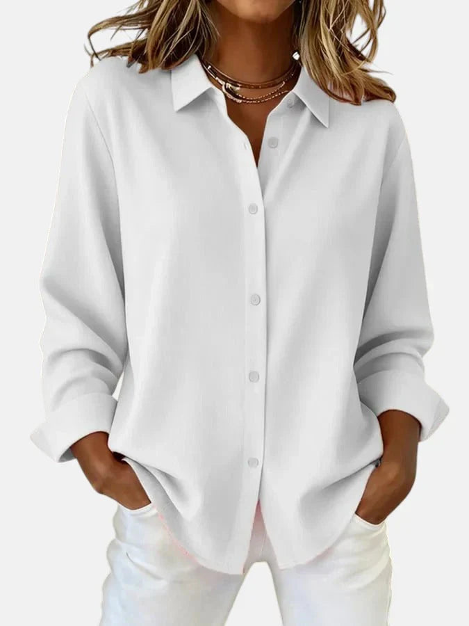 Women's Long Sleeve Button-Down Blouse with Spread Collar and Relaxed Fit