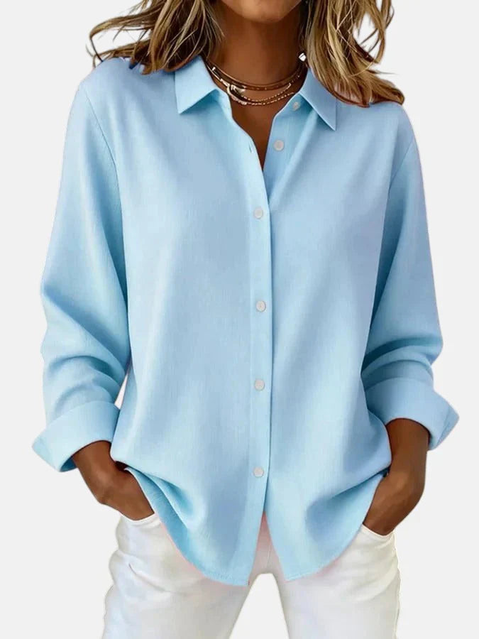 Women's Long Sleeve Button-Down Blouse with Spread Collar and Relaxed Fit