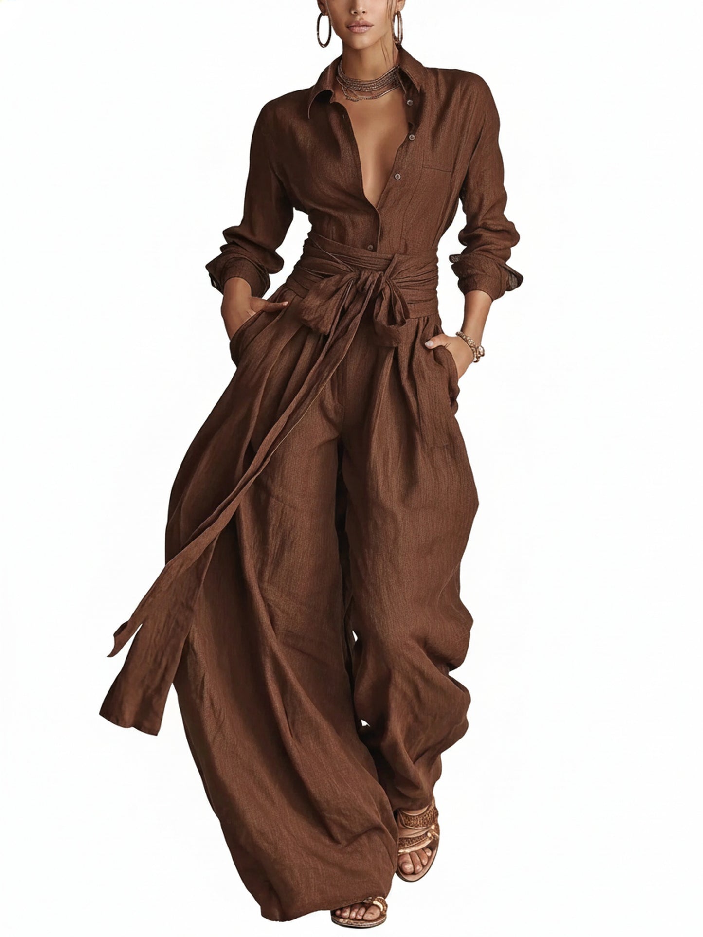 Women's Long Sleeve Jumpsuit with Shirt Collar, Tie Belt and Wide Leg