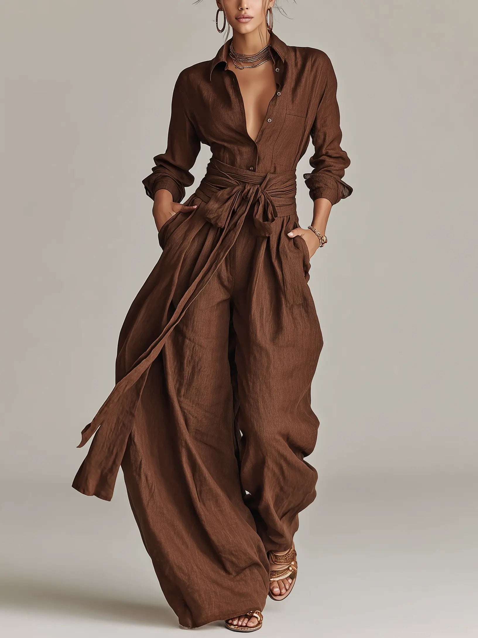 Women's Long Sleeve Jumpsuit with Shirt Collar, Tie Belt and Wide Leg