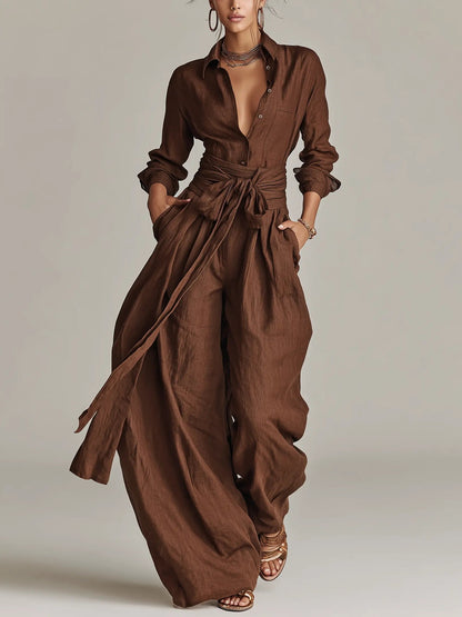 Women's Long Sleeve Jumpsuit with Shirt Collar, Tie Belt and Wide Leg