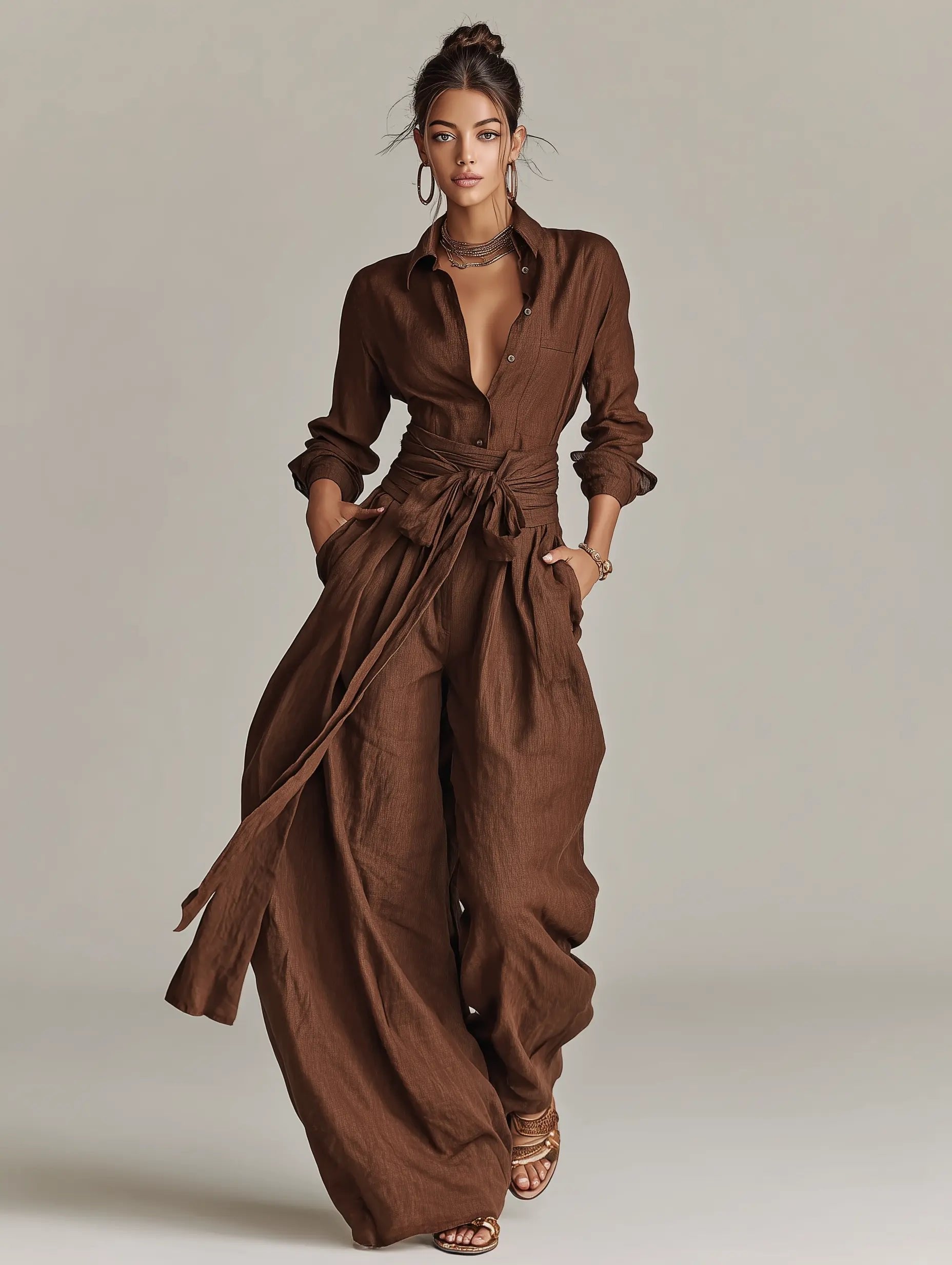 Women's Long Sleeve Jumpsuit with Shirt Collar, Tie Belt and Wide Leg