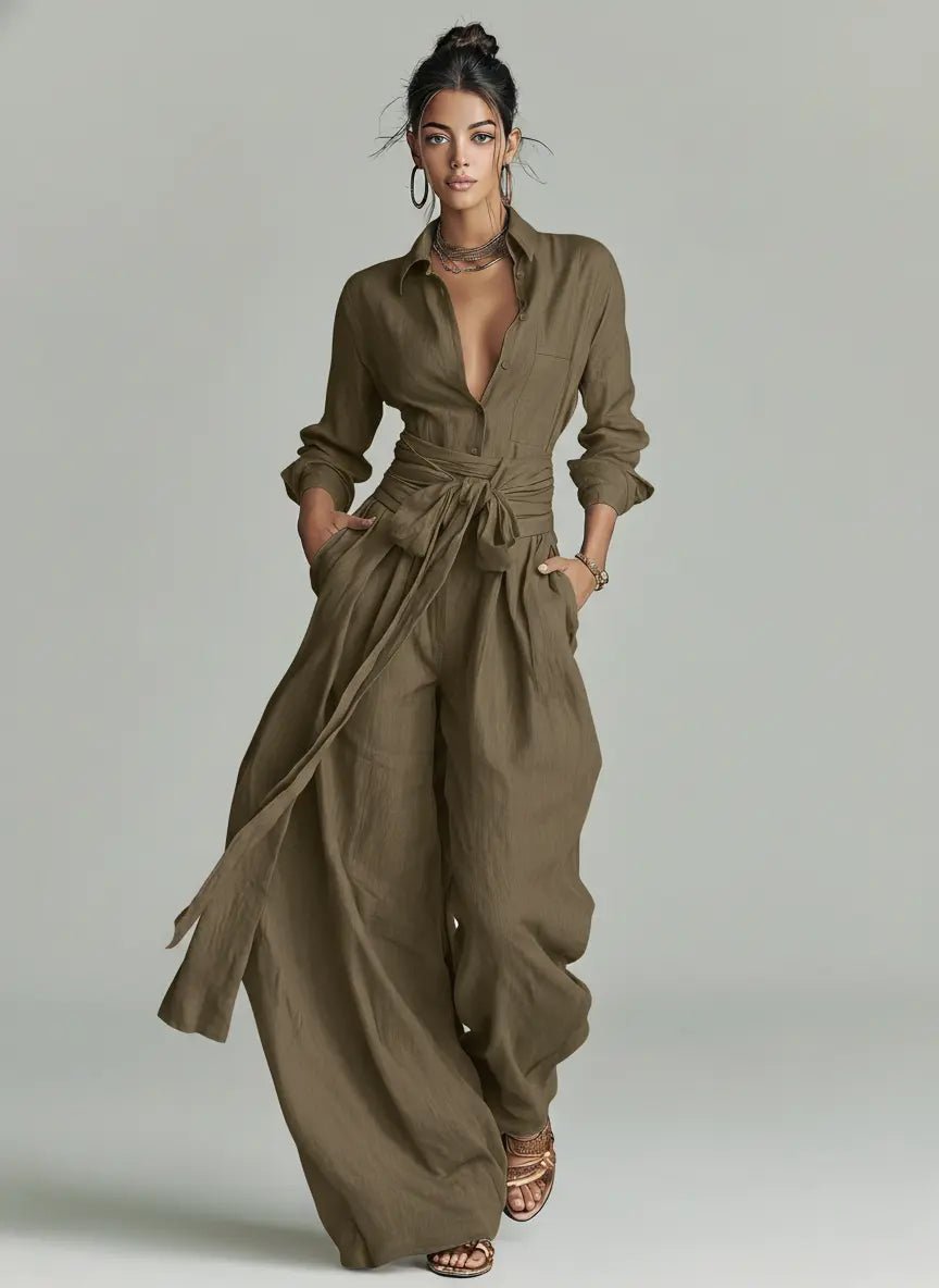 Women's Long Sleeve Jumpsuit with Shirt Collar, Tie Belt and Wide Leg