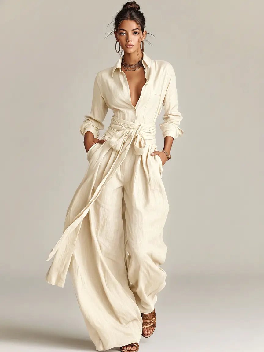 Women's Long Sleeve Jumpsuit with Shirt Collar, Tie Belt and Wide Leg
