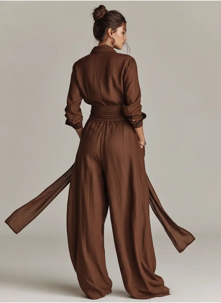 Women's Long Sleeve Jumpsuit with Shirt Collar, Tie Belt and Wide Leg